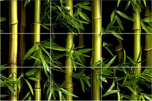 Tile mural with vibrant bamboo stalks and natural green leaves